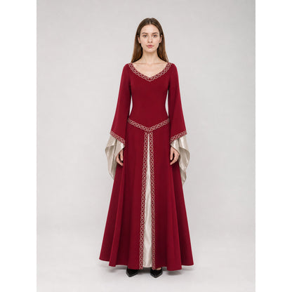 Floor-Length Dress with Long Sleeves and Decorative Trim
