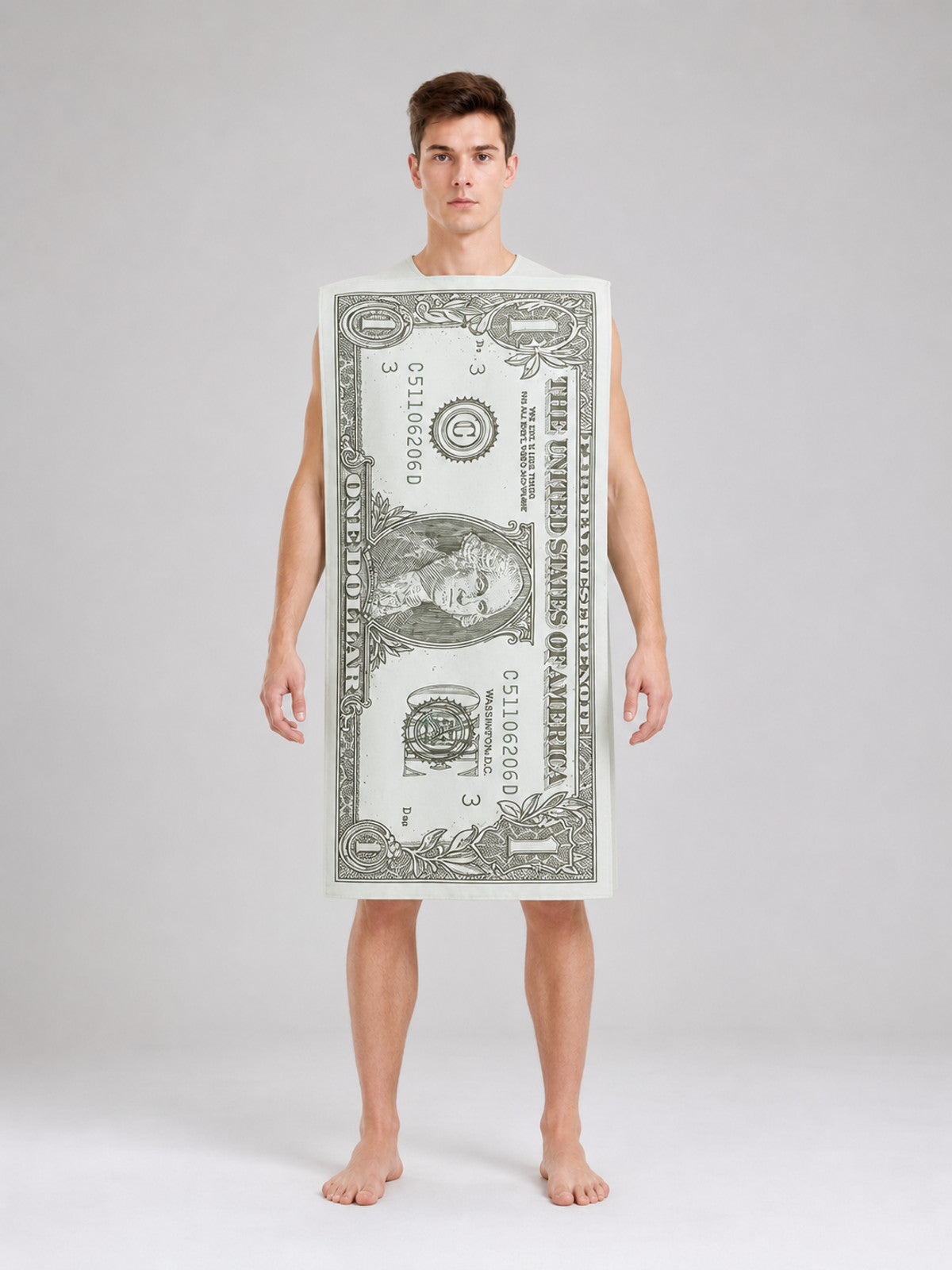 Costume in the Shape of a Large Dollar Bill front view