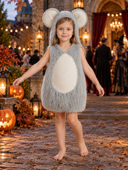 Kids' Mouse Costume in Faux Fur with Hood, Big Round Ears, and White Insert