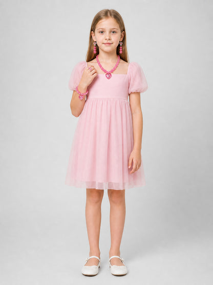 Children's Pink Jewelry Set with Hearts and Beads on-model view