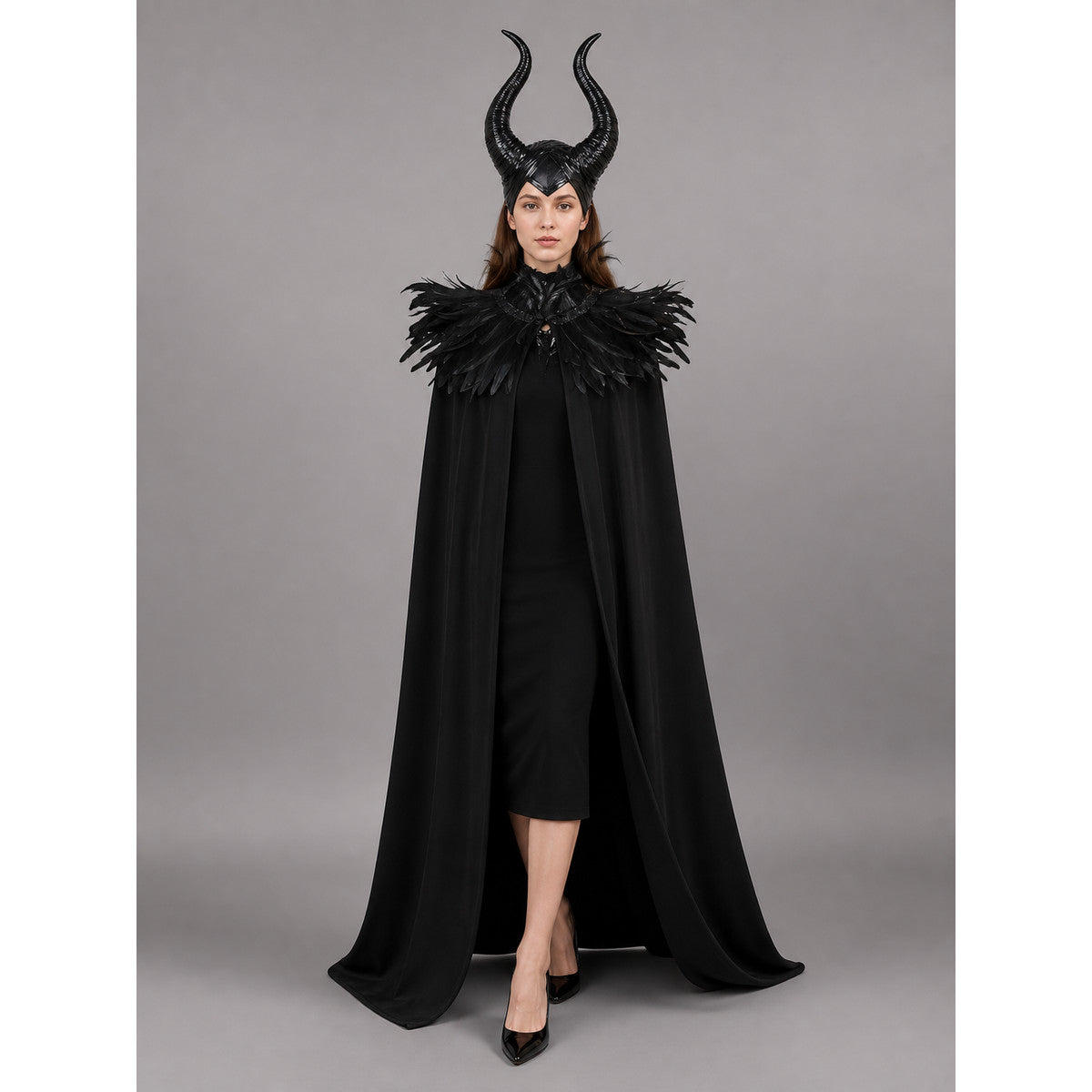 Black Carnival Cloak with Horns and Feathers