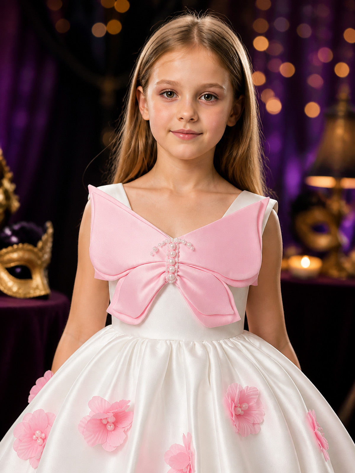 Girls' White and Pink Princess Dress with 3D Bow, Pearl Details and Full Skirt on-model view