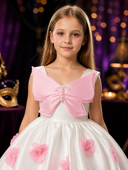 Girls' White and Pink Princess Dress with 3D Bow, Pearl Details and Full Skirt on-model view