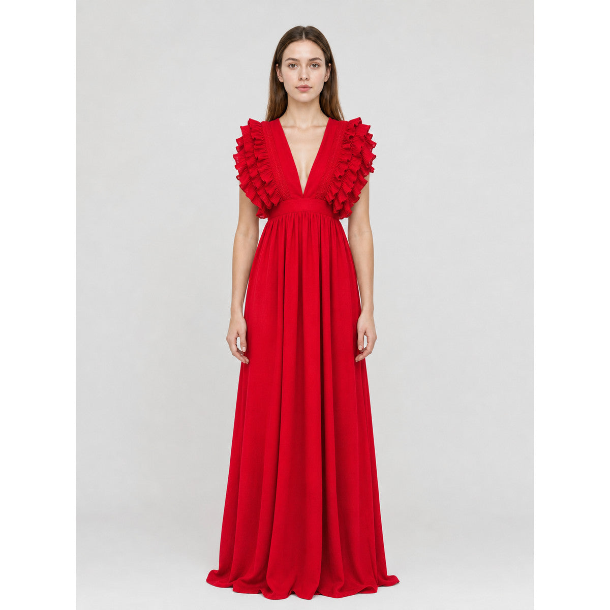 Floor-Length Ruffled Dress with a Deep V-Neckline
