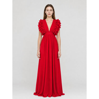 Floor-Length Ruffled Dress with a Deep V-Neckline