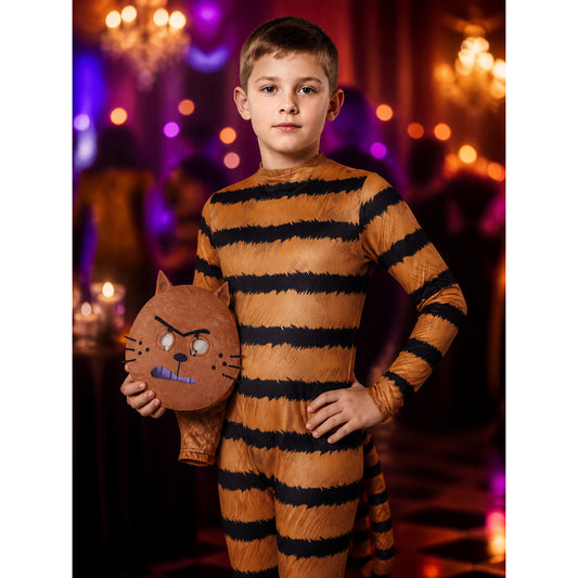 Kids Pet Cat Costume, Orange Black Striped Jumpsuit with Mask, Halloween Cosplay on-model view