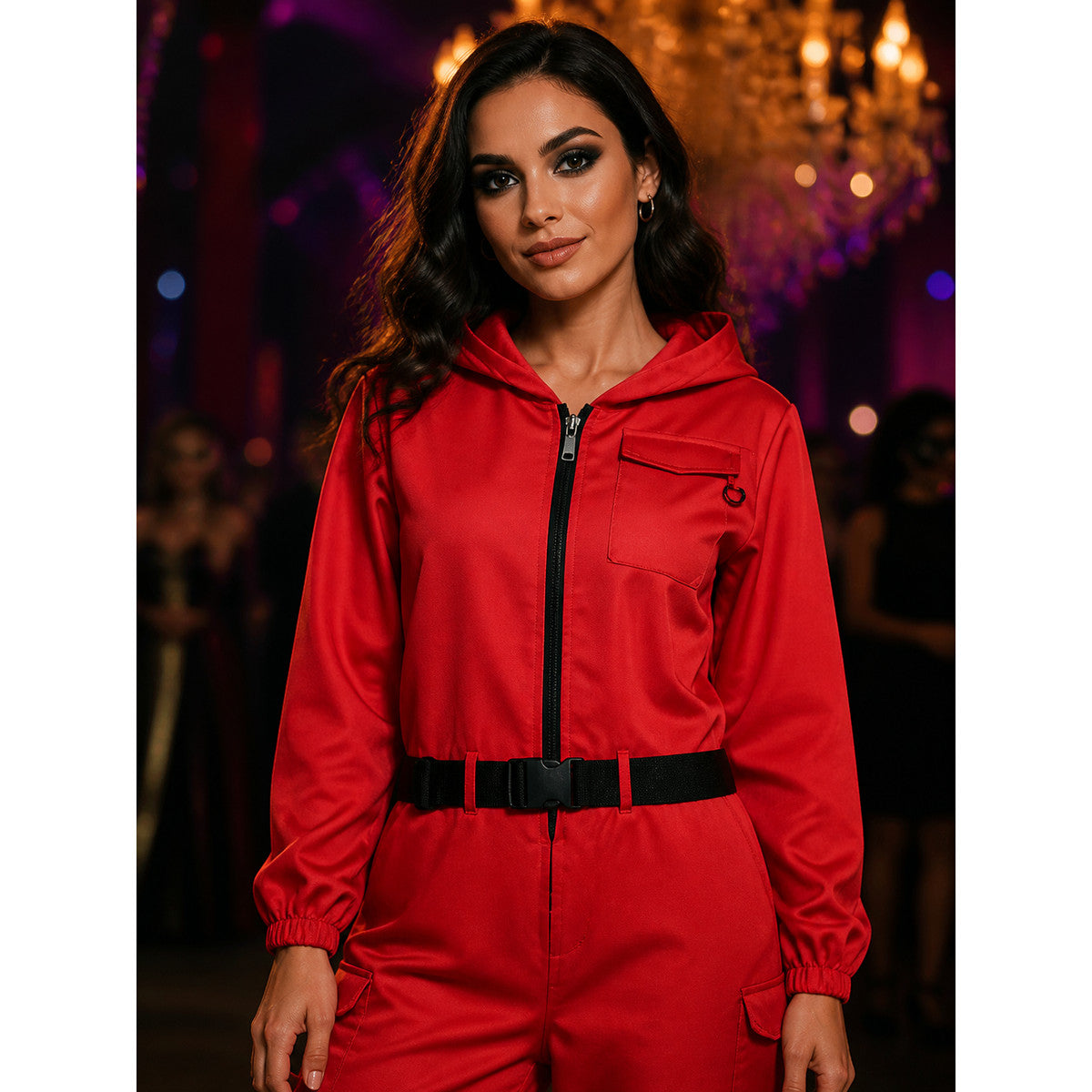 Red Hooded Prison Jumpsuit Costume Set with Belt and Gloves, Cosplay Halloween on-model view