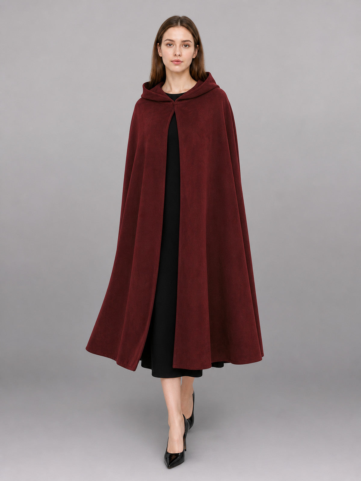 Long Burgundy Hooded Carnival Cloak front view