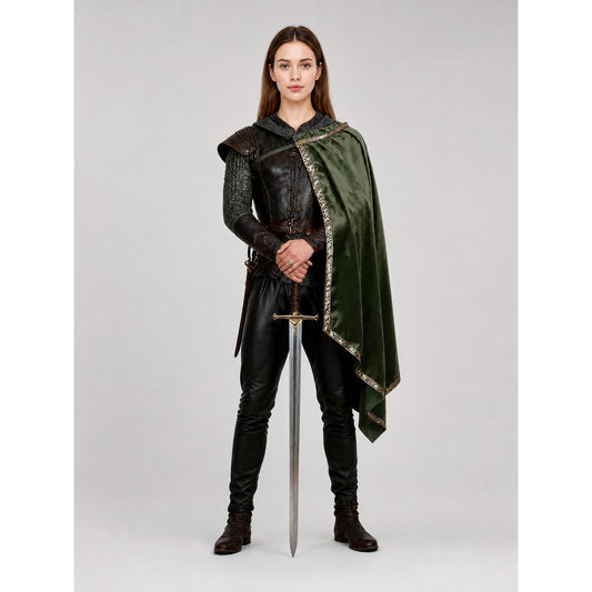 Green velvet-look asymmetrical cloak with gold-tone trim shown full length on a model with a sword