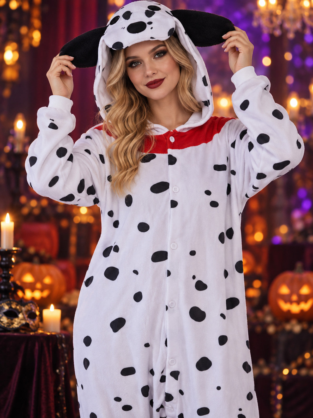 White pajama jumpsuit with black spots, dog hood