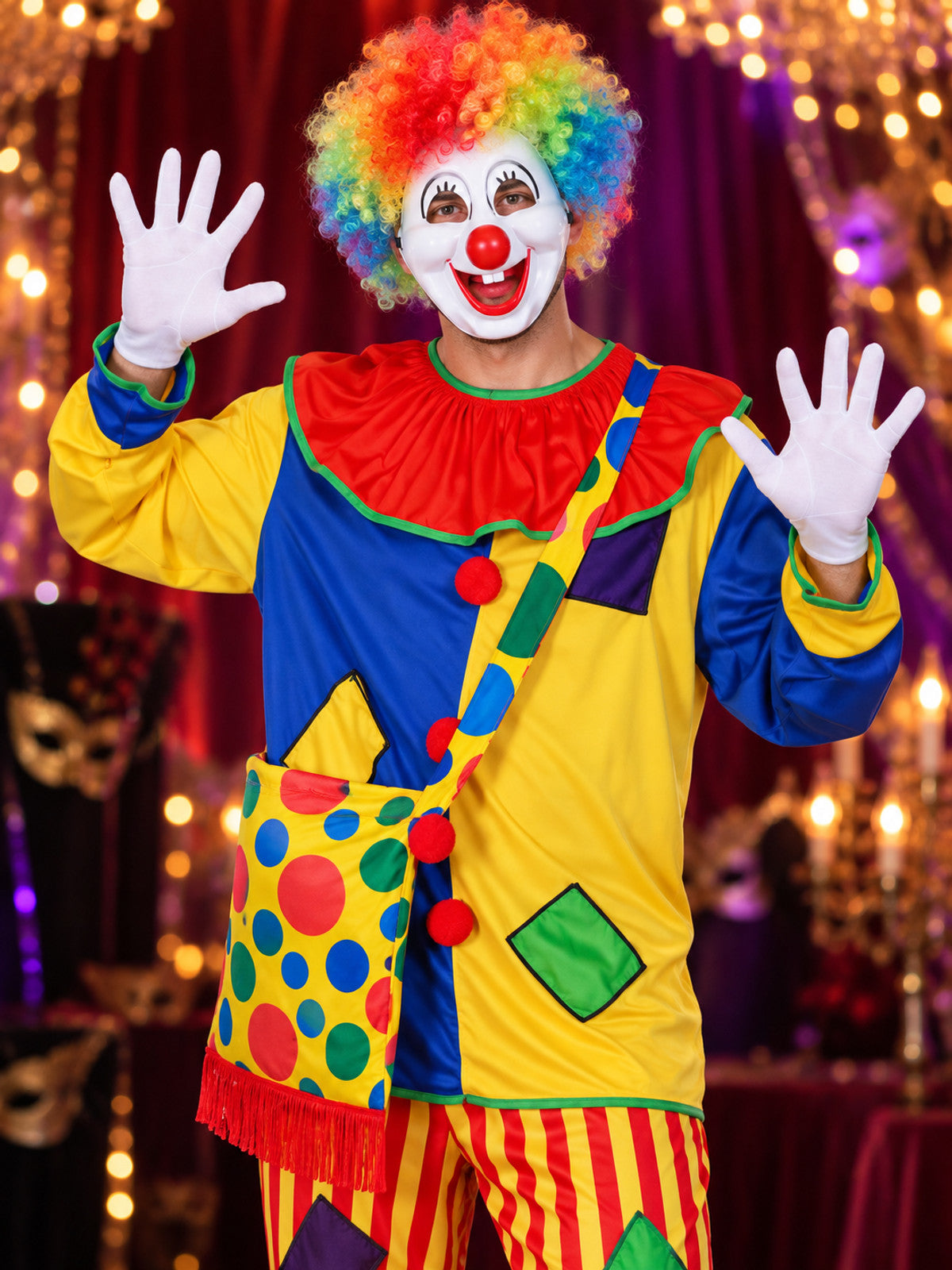 Clown Costume with Wig, Mask, Bow, and Ruffled Collar