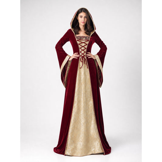 Red carnival dress with hood and lacing