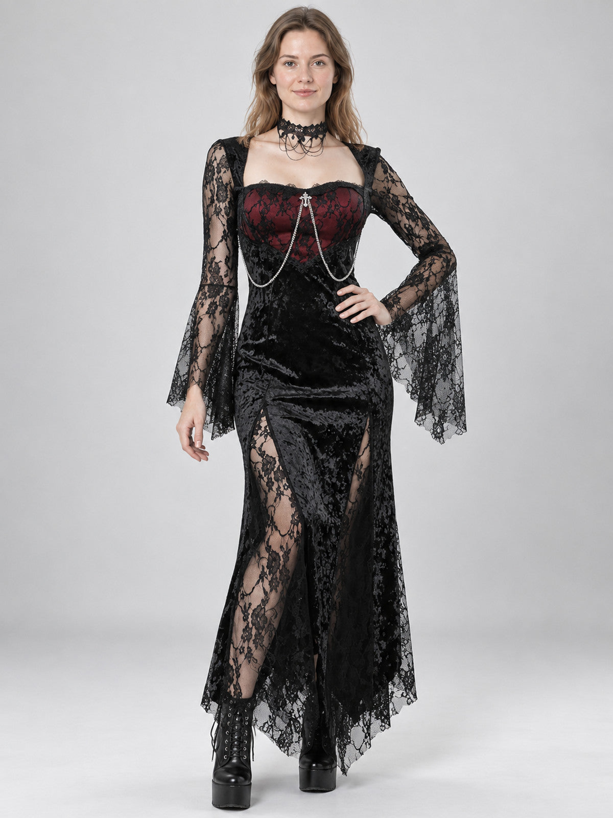 Gothic Dress Black and Red with Lace Sleeves