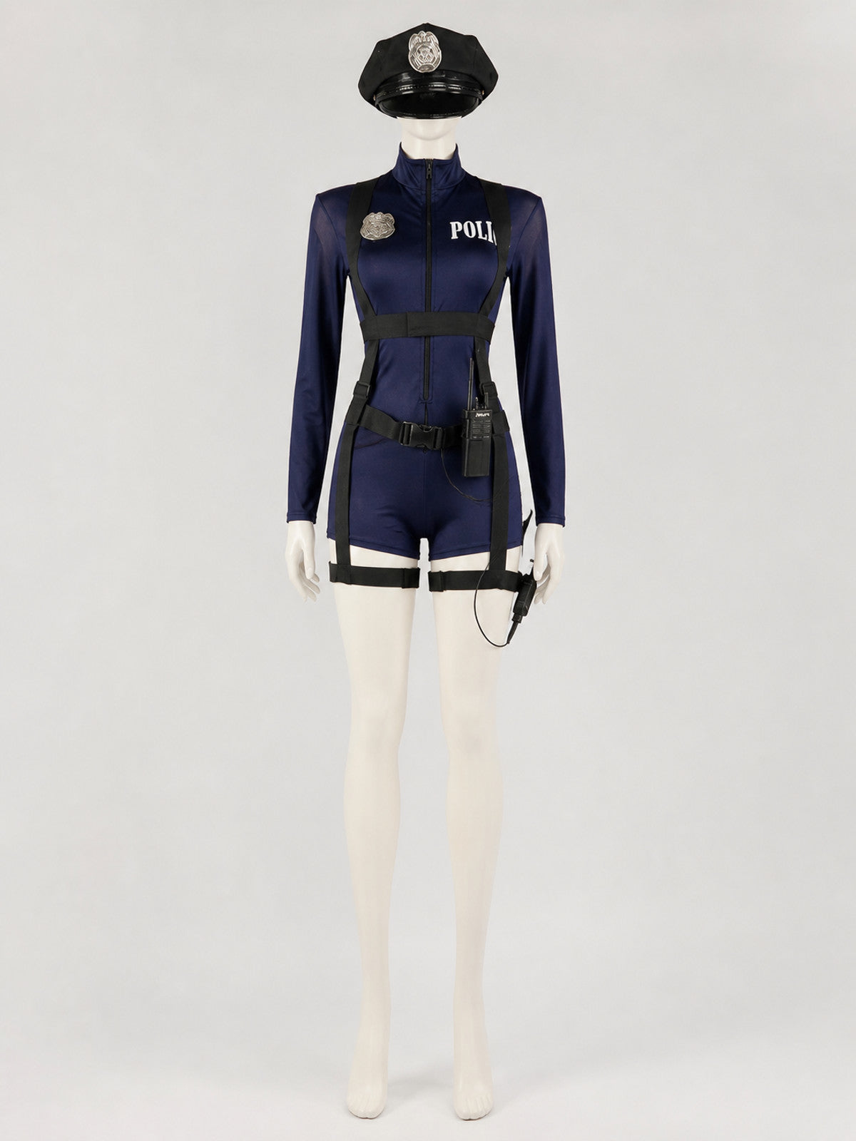 Police Costume Set with Dark Blue Jumpsuit, Hat and Prop Radio Cosplay Outfit on-model view