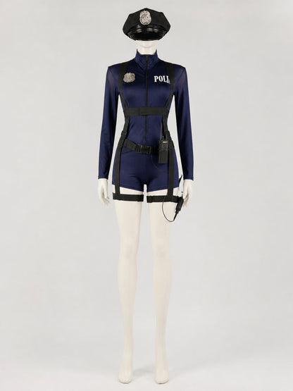 Police Costume Set with Dark Blue Jumpsuit, Hat and Prop Radio Cosplay Outfit on-model view