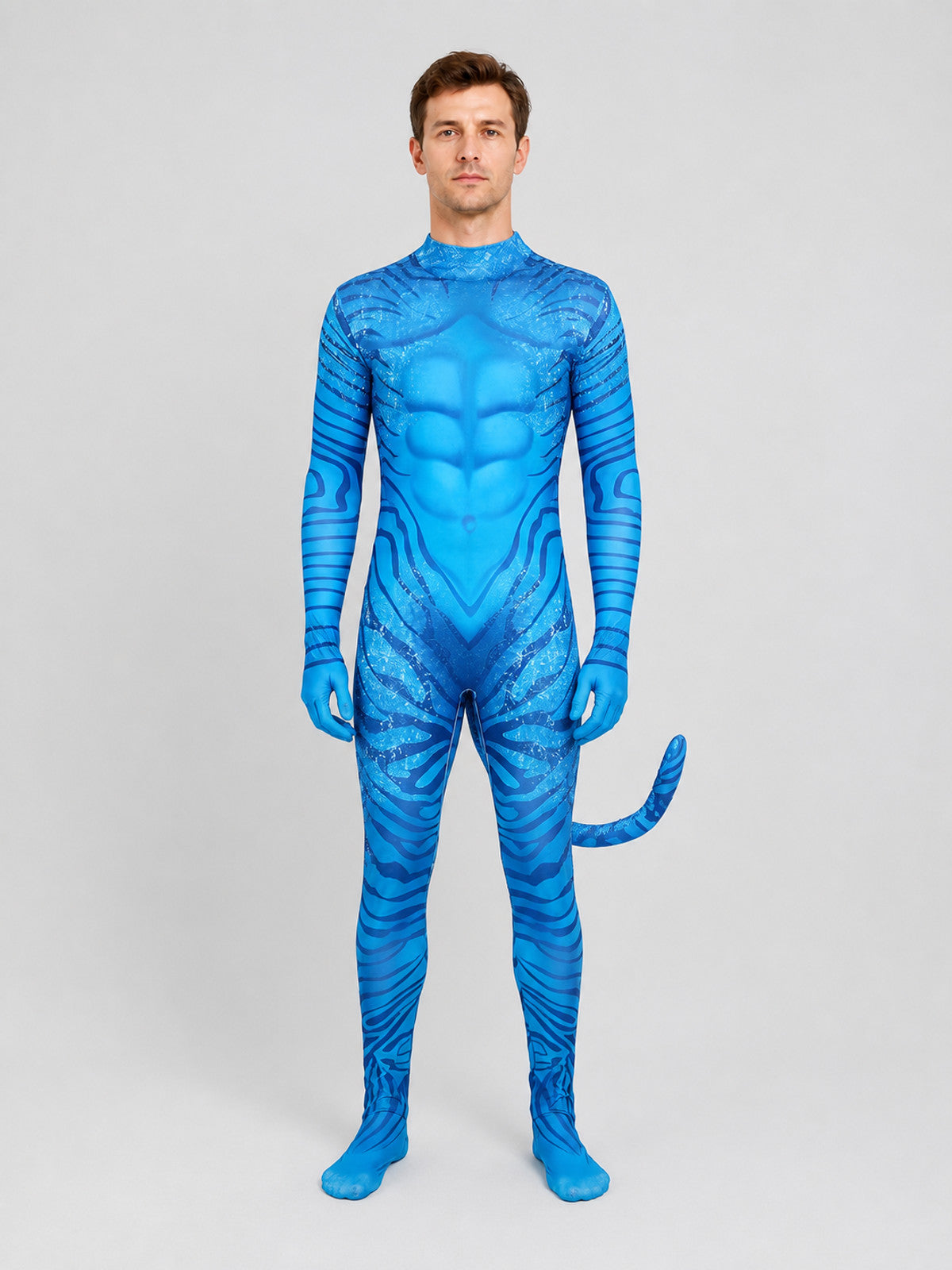 Avatar Costume, Blue Alien Jumpsuit with Tail on-model view
