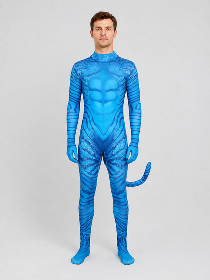 Avatar Costume, Blue Alien Jumpsuit with Tail on-model view