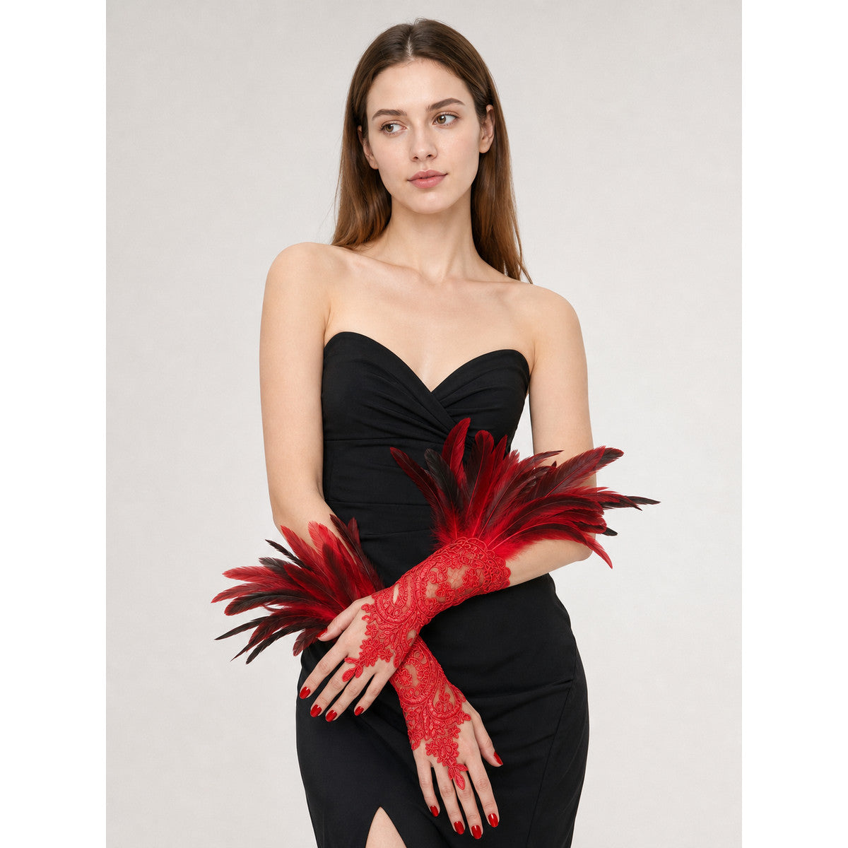 Red Carnival Gloves with Black-and-Red Feathers, Pair