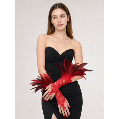 Red Carnival Gloves with Black-and-Red Feathers, Pair