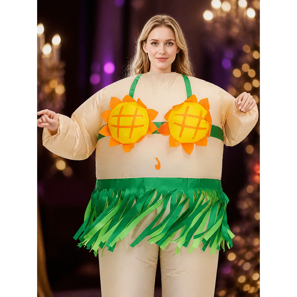 Adult Sunflower Costume Jumpsuit With Leaf Fringe For Halloween on-model view