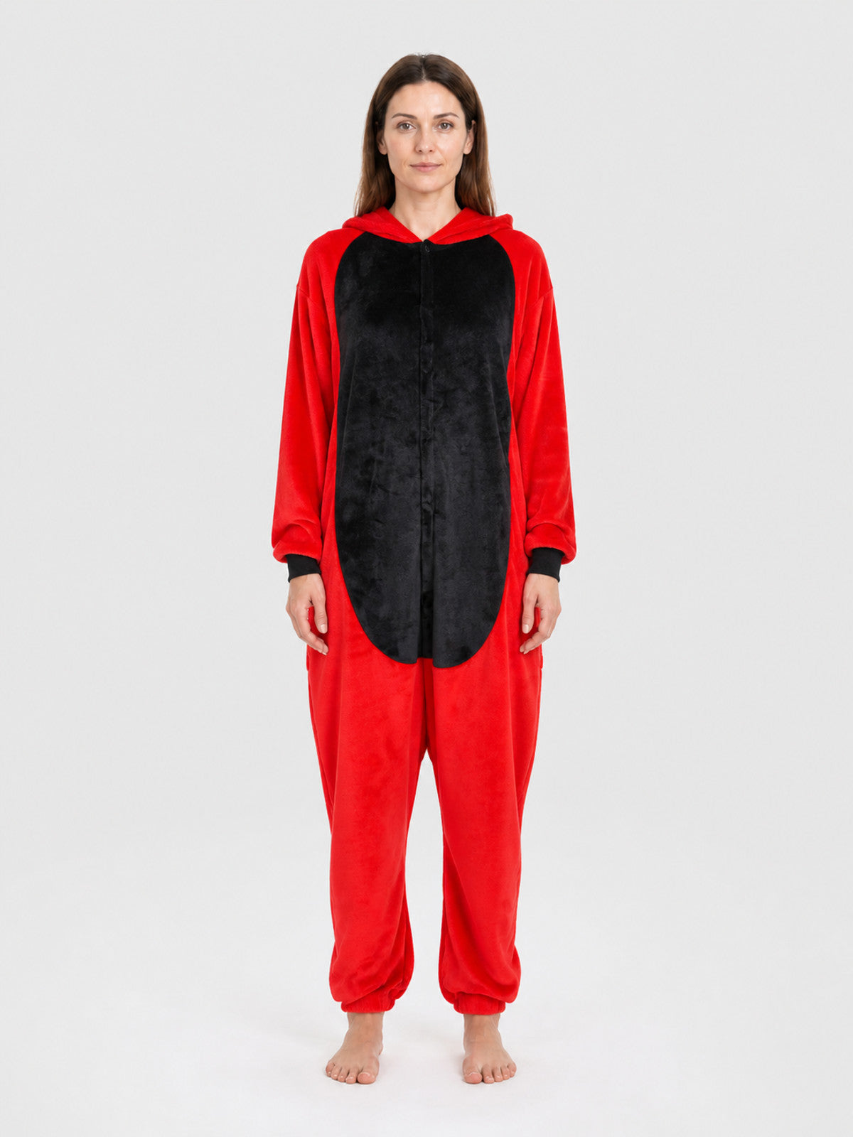 Hooded Red-and-Black Flannel Pajama Jumpsuit on-model view