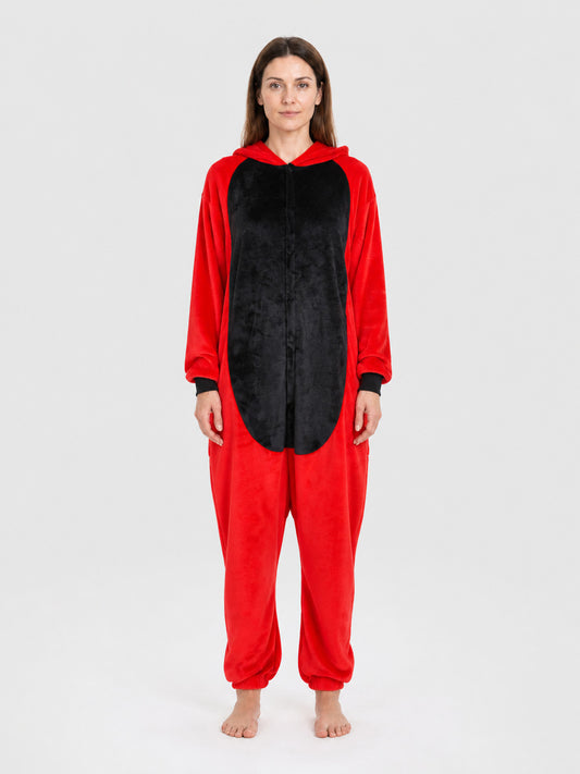 Hooded Red-and-Black Flannel Pajama Jumpsuit on-model view