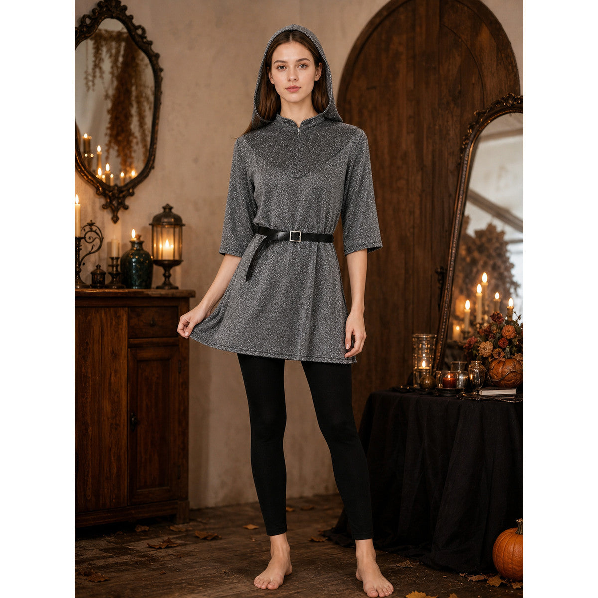 Medieval Ranger Cosplay Costume Set, Hooded Gray Top With Cape-Like Front Panel, Black Belt And Square Buckle For Role Play