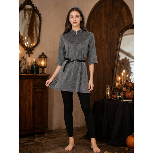 Medieval Ranger Cosplay Costume Set, Hooded Gray Top With Cape-Like Front Panel, Black Belt And Square Buckle For Role Play
