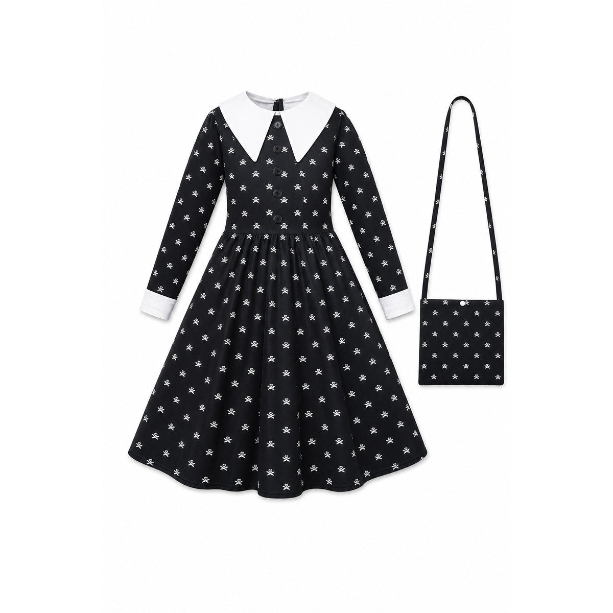 Gothic Carnival Dress with Skulls and Bag on-model view