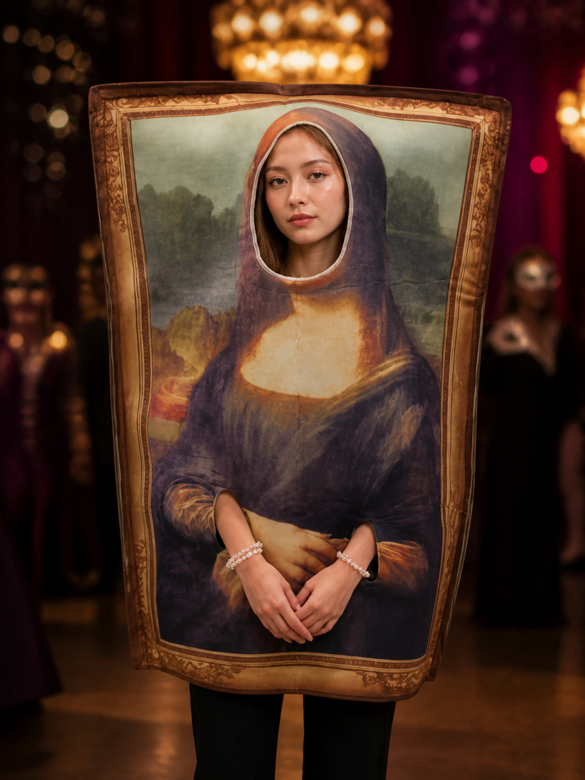 Funny Mona Lisa Portrait Bodysuit Costume, Vintage Gold Frame Halloween Party on-model view