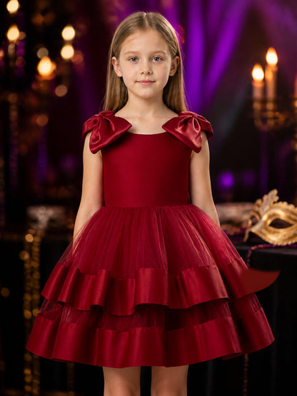 Girls' Burgundy Sleeveless Princess Dress, Layered Tulle Ruffles With Shoulder on-model view