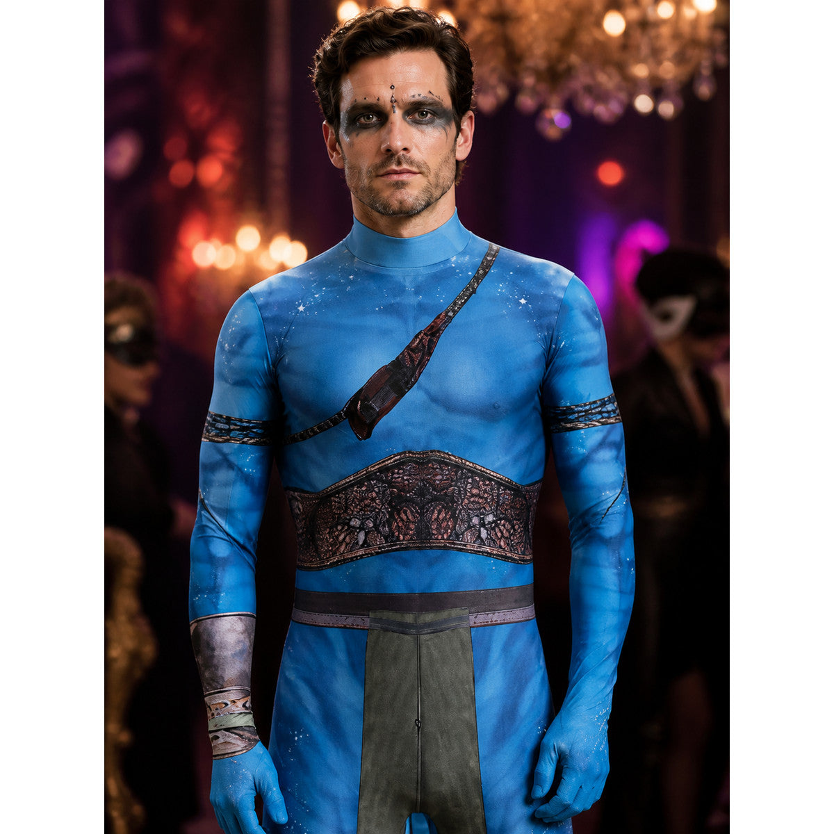 Unisex Blue Alien Bodysuit Costume with Tail, Halloween Party Outfit on-model view