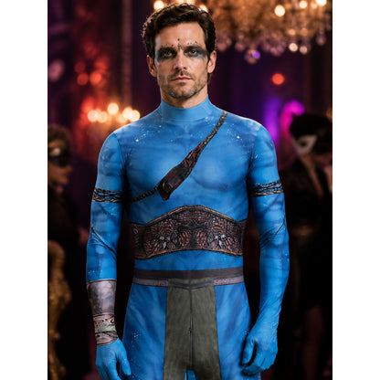 Unisex Blue Alien Bodysuit Costume with Tail, Halloween Party Outfit on-model view