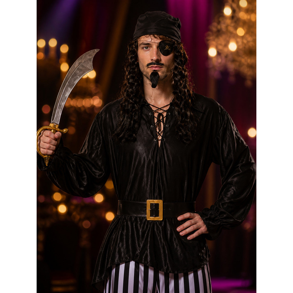 Men's Pirate Halloween Costume Set with Striped Pants and Boot Covers, Black on-model view