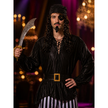 Men's Pirate Halloween Costume Set with Striped Pants and Boot Covers, Black on-model view