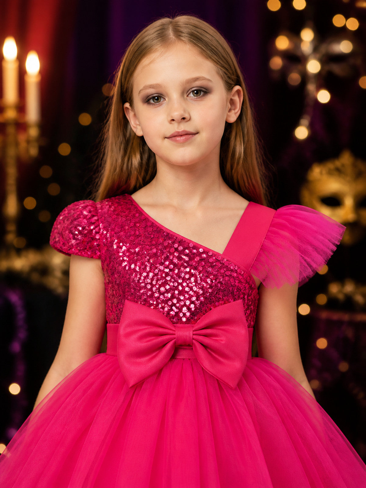 Girls' Rose Red Princess Dress, Sequined Bodice, Layered Tulle Skirt With Bow on-model view
