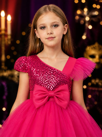 Girls' Rose Red Princess Dress, Sequined Bodice, Layered Tulle Skirt With Bow on-model view