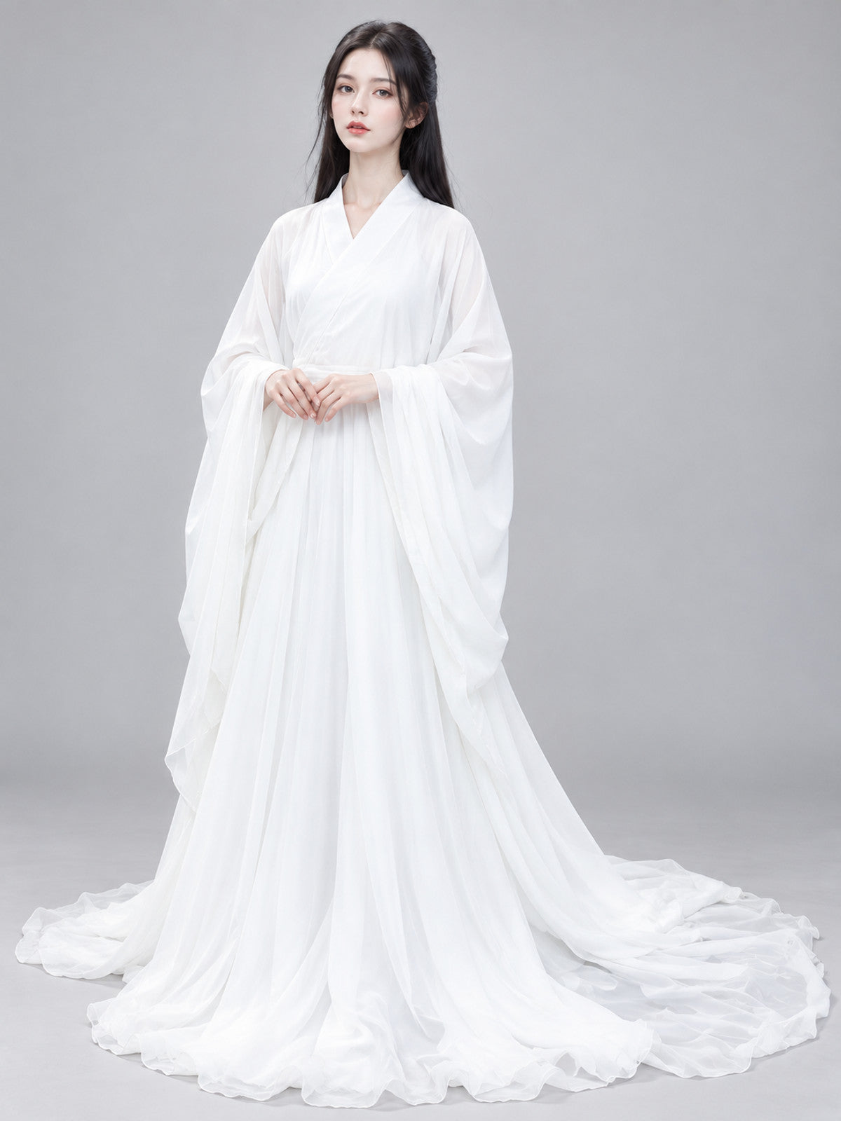 Chinese-Style Costume White Dress with Long Train