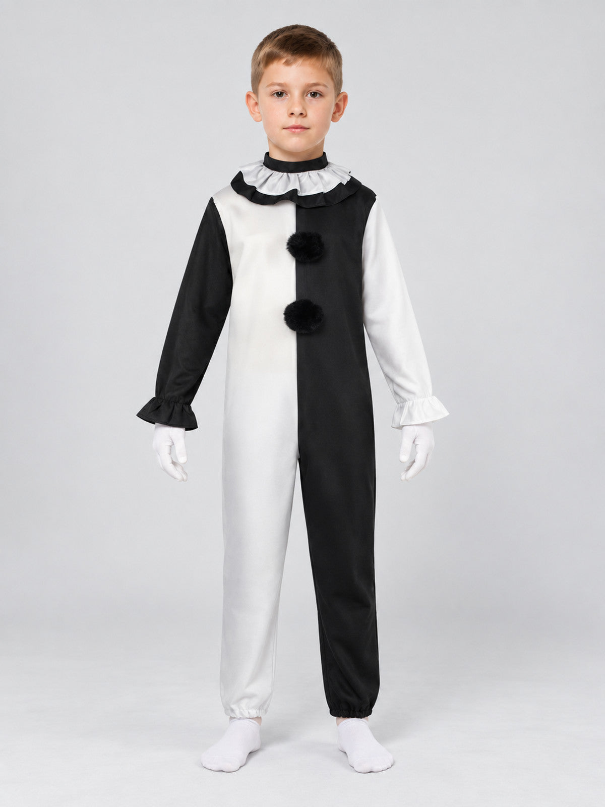 Black and White Clown Costume with Stand-Up Collar and Gloves