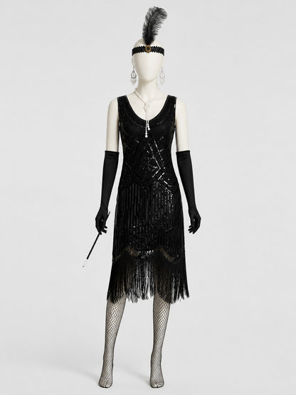 1920s Sequin Dress Set with Long Fringe on-model view