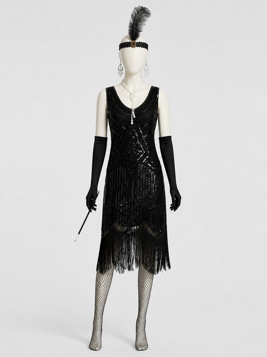 1920s Sequin Dress Set with Long Fringe on-model view