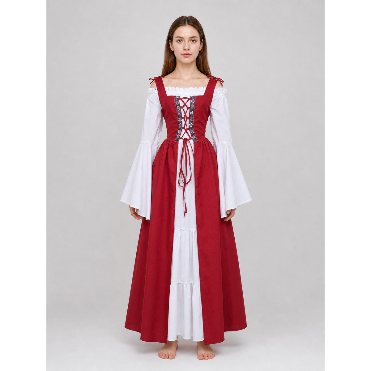 Red and White Renaissance-Style Medieval Dress on-model view
