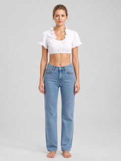 White Cropped Top with Lace Ruffles and Puff Sleeves