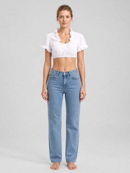 White Cropped Top with Lace Ruffles and Puff Sleeves on-model view