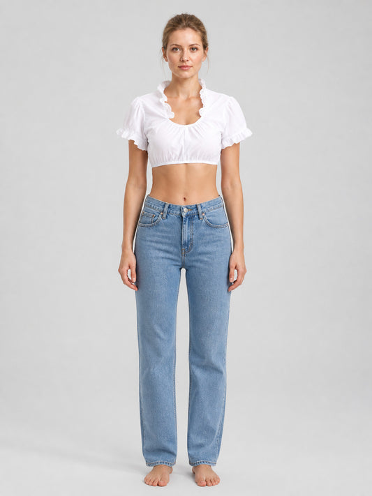 White Cropped Top with Lace Ruffles and Puff Sleeves on-model view