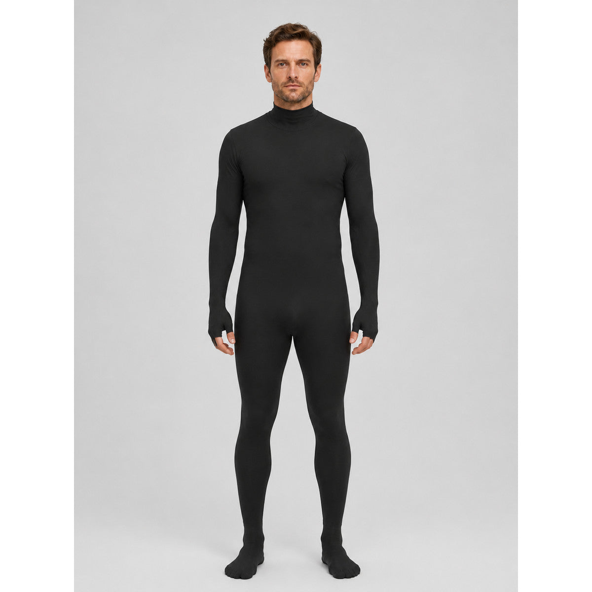 Black Hooded Bodysuit Costume with Gloves for Halloween on-model view