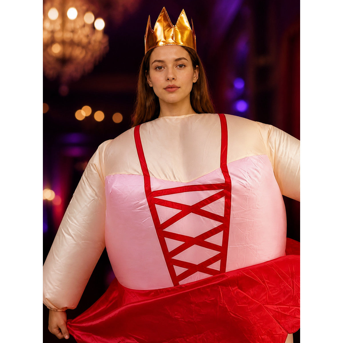 Unisex Red & White Criss-Cross Bodice Costume Set with Crown and Wavy Skirt on-model view