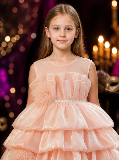 Girls' Pink Princess Cake Dress, Layered Ruffle Skirt with Tulle Flowers and on-model view