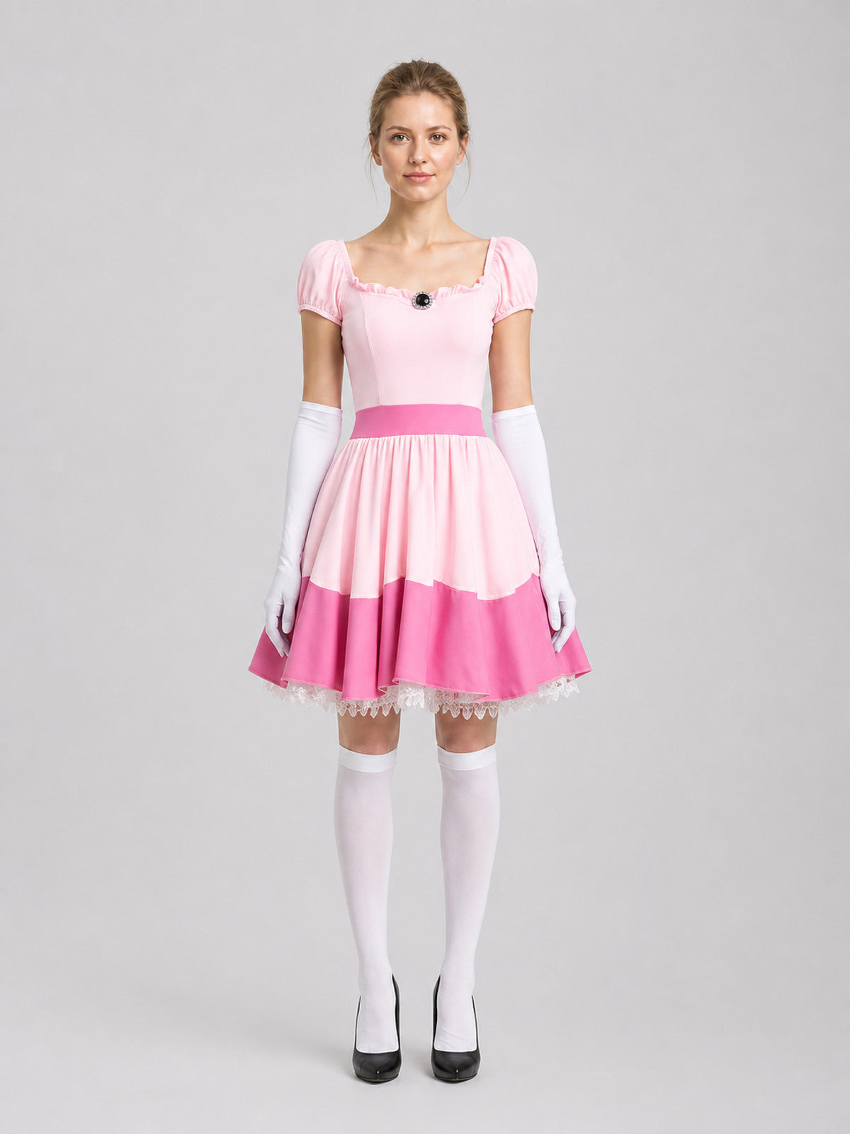 Pink cosplay dress with lace trim on-model view