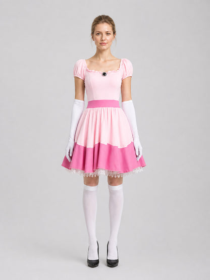 Pink cosplay dress with lace trim on-model view